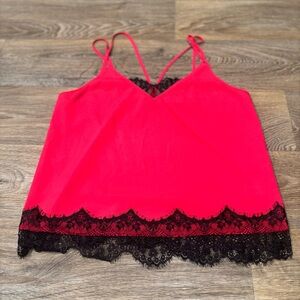 Bisou Bisou Y2K Pink Cami Black Lace Trim Criss Cross Back Medium